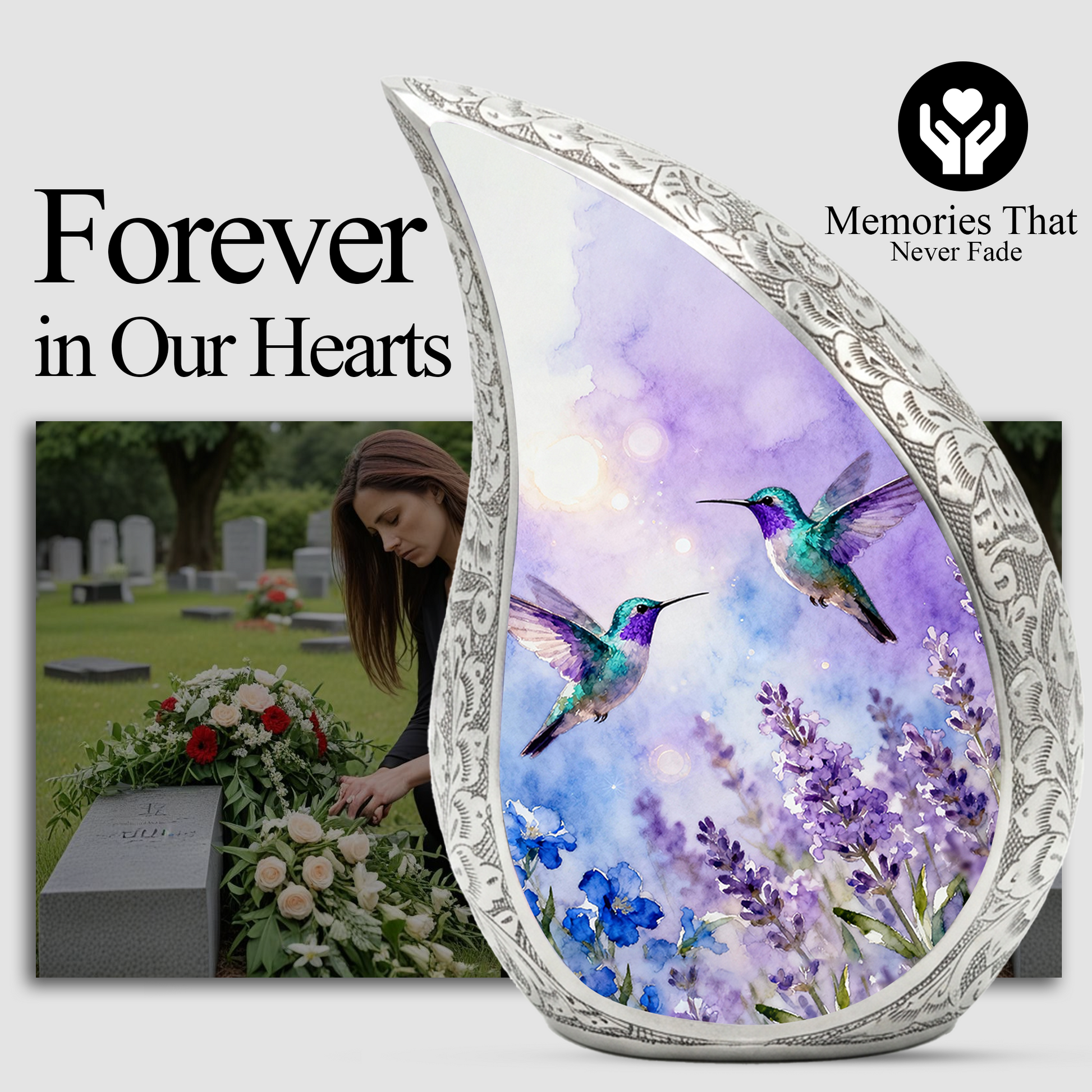 Hummingbird Personalized Cremation Urn for Mom – Teardrop Style Aluminum Memorial Urn, 10 Inch