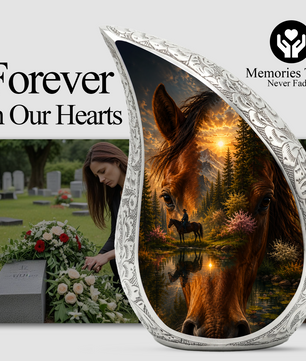 Horse Urn for Human Ashes | Adult Cremation Urn with Horse & Mountain Sunset