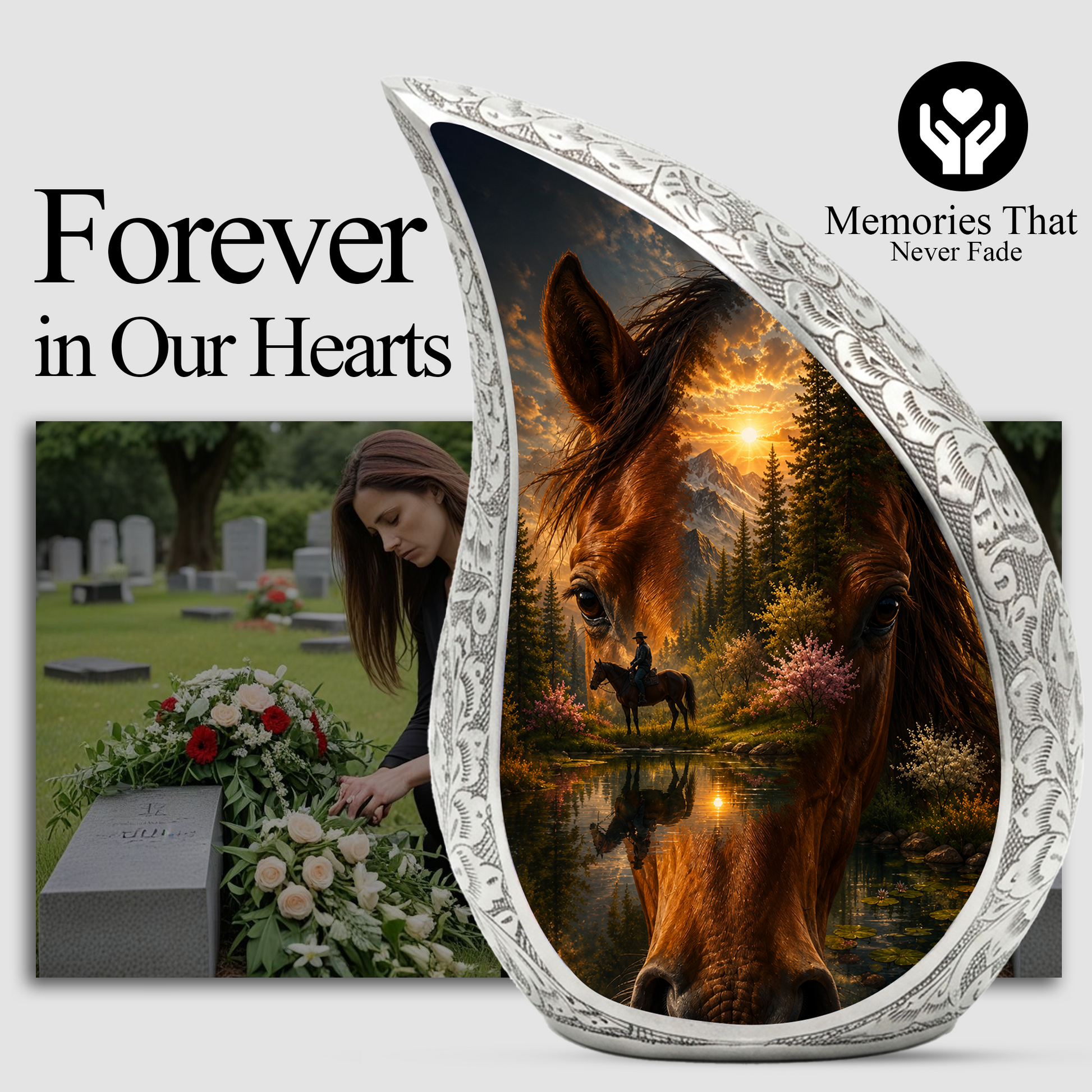 Horse Urn for Human Ashes | Adult Cremation Urn with Horse & Mountain Sunset