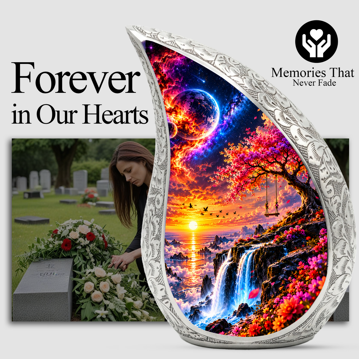 Tree of Life Cremation Urn for Ashes, Nature Memorial Urn, Sunset Waterfall Adult Urn, Tree Memorial Urn,