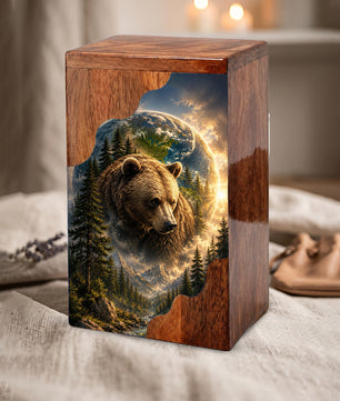 Bear Wooden Cremation Urn – Mountain Memorial Urn for Human Ashes
