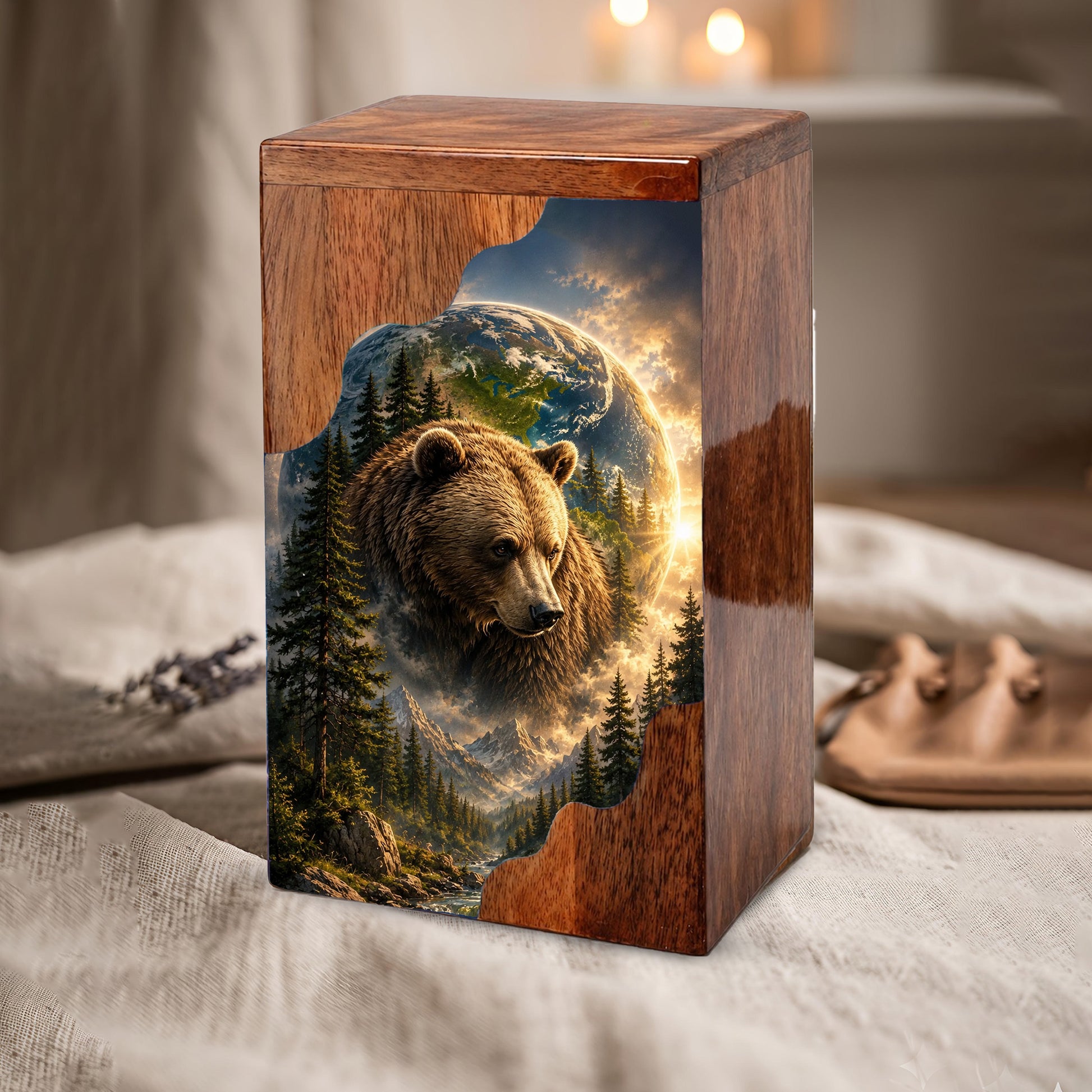 Bear Wooden Cremation Urn – Mountain Memorial Urn for Human Ashes