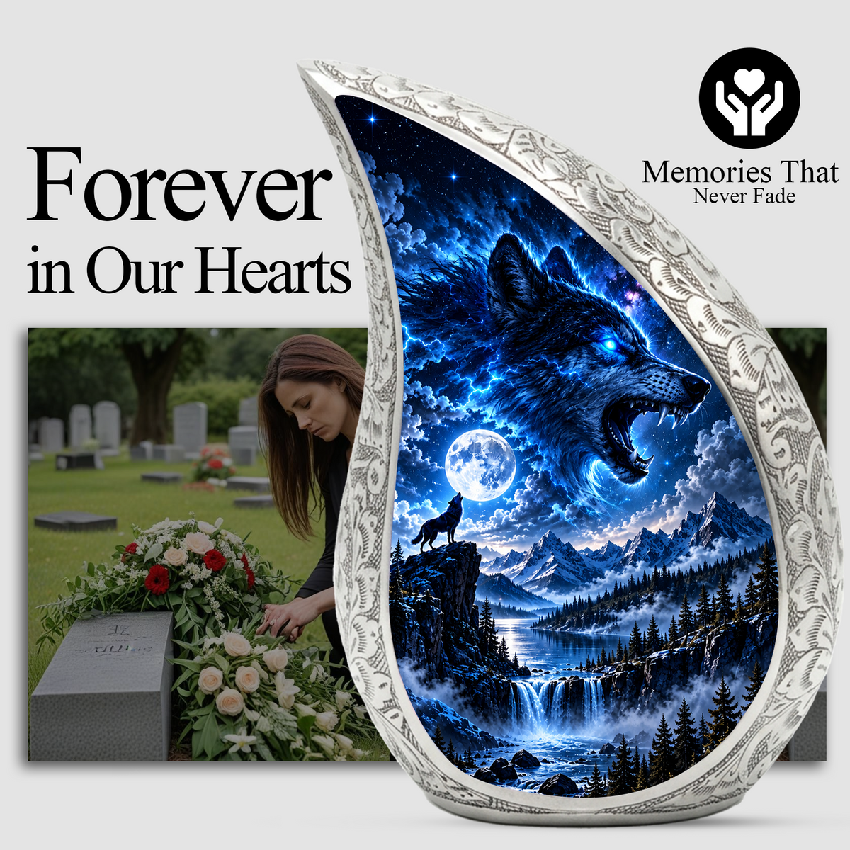 Wolf Adult Urn for Ashes, Blue Wolf Cremation Urn for Human Ashes