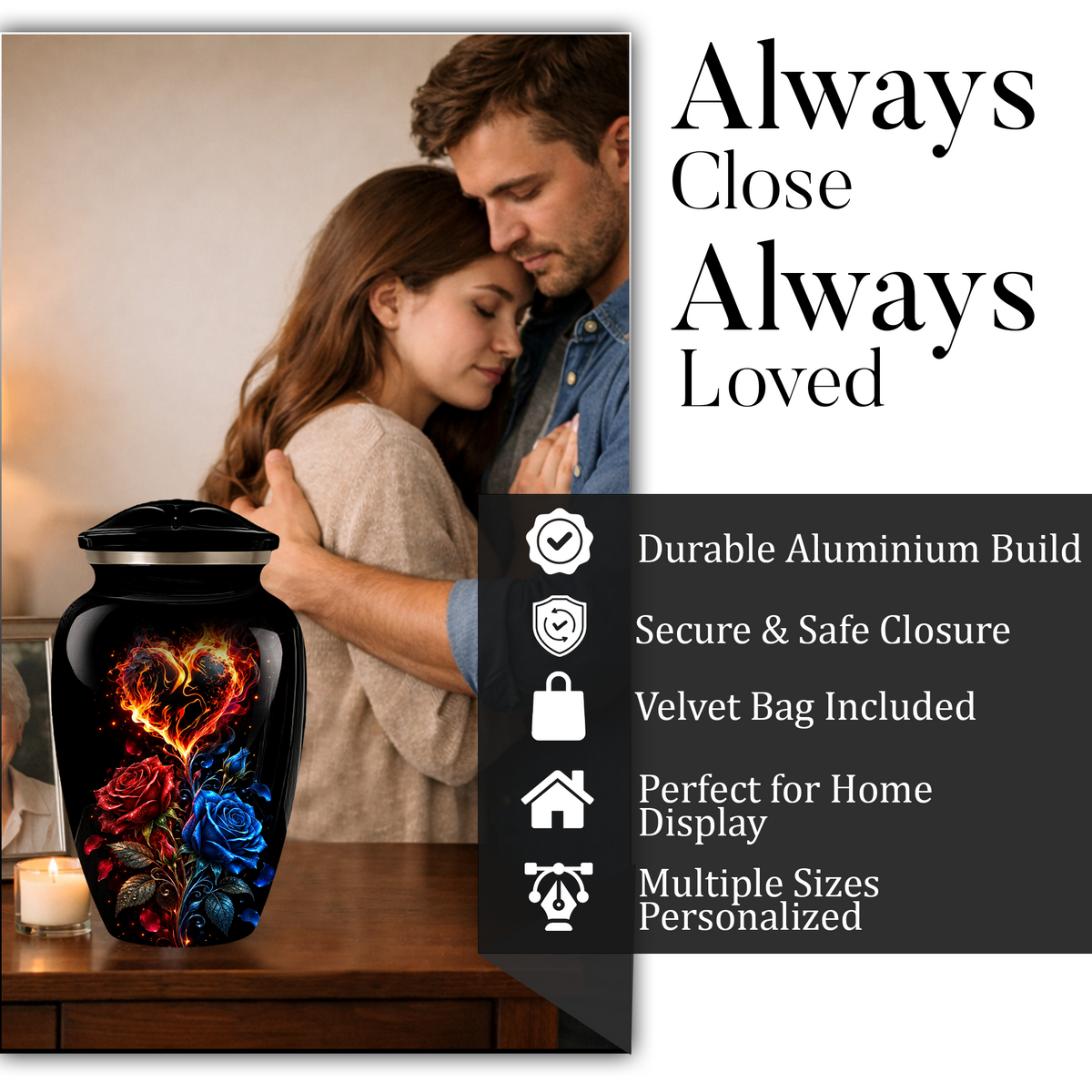 Red & Blue Rose Heart Cremation Urn for Ashes | Personalized Adult Memorial Urn