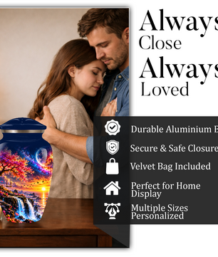 Personalized Adult Cremation Urn for Ashes, Custom Memorial Urn, Fantasy Sunset Waterfall and Cherry Blossom Design