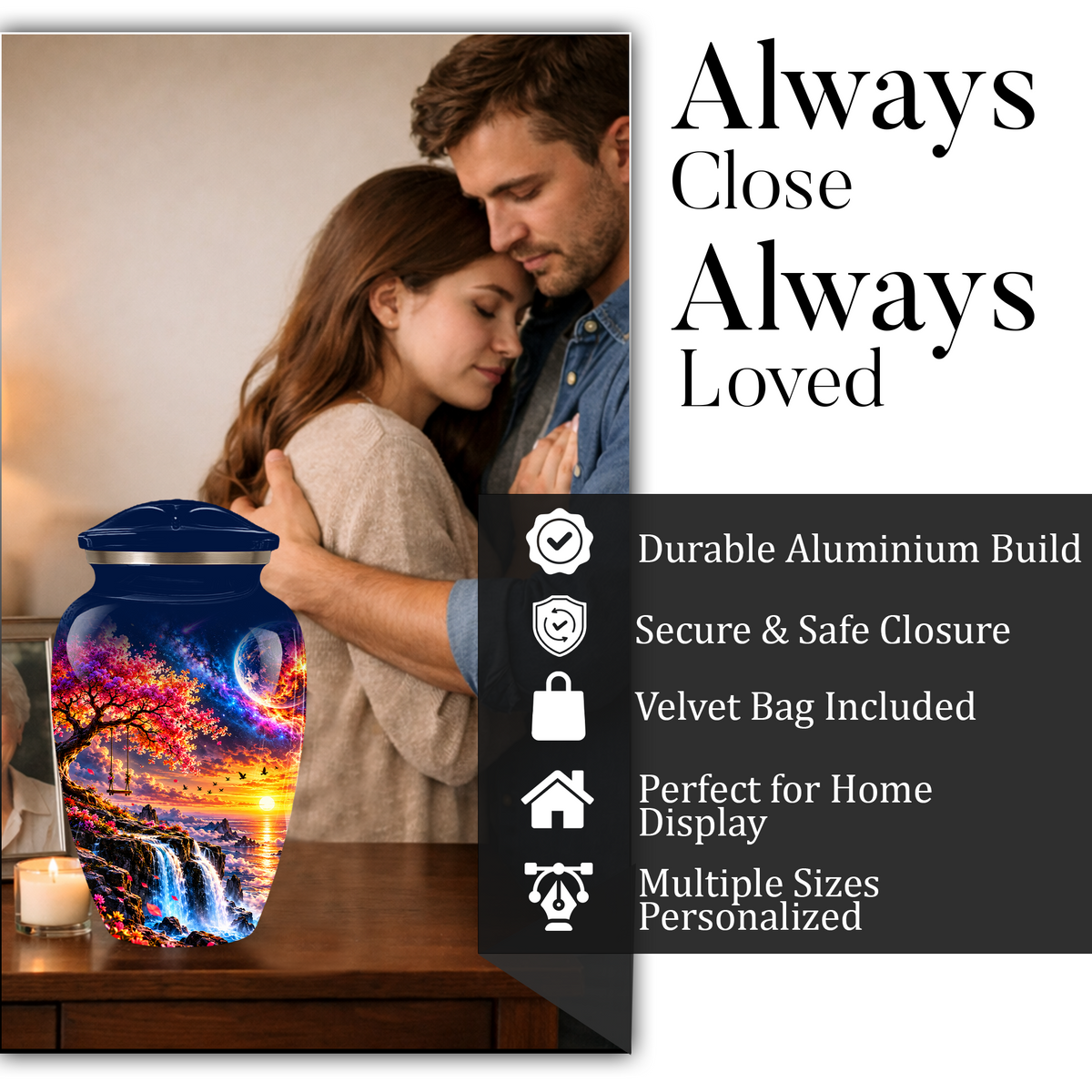 Personalized Adult Cremation Urn for Ashes, Custom Memorial Urn, Fantasy Sunset Waterfall and Cherry Blossom Design
