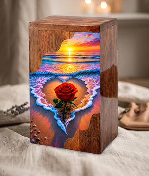 Rose Beach Wooden Cremation Urn – Sunset Ocean Memorial Urn for Human Ashes