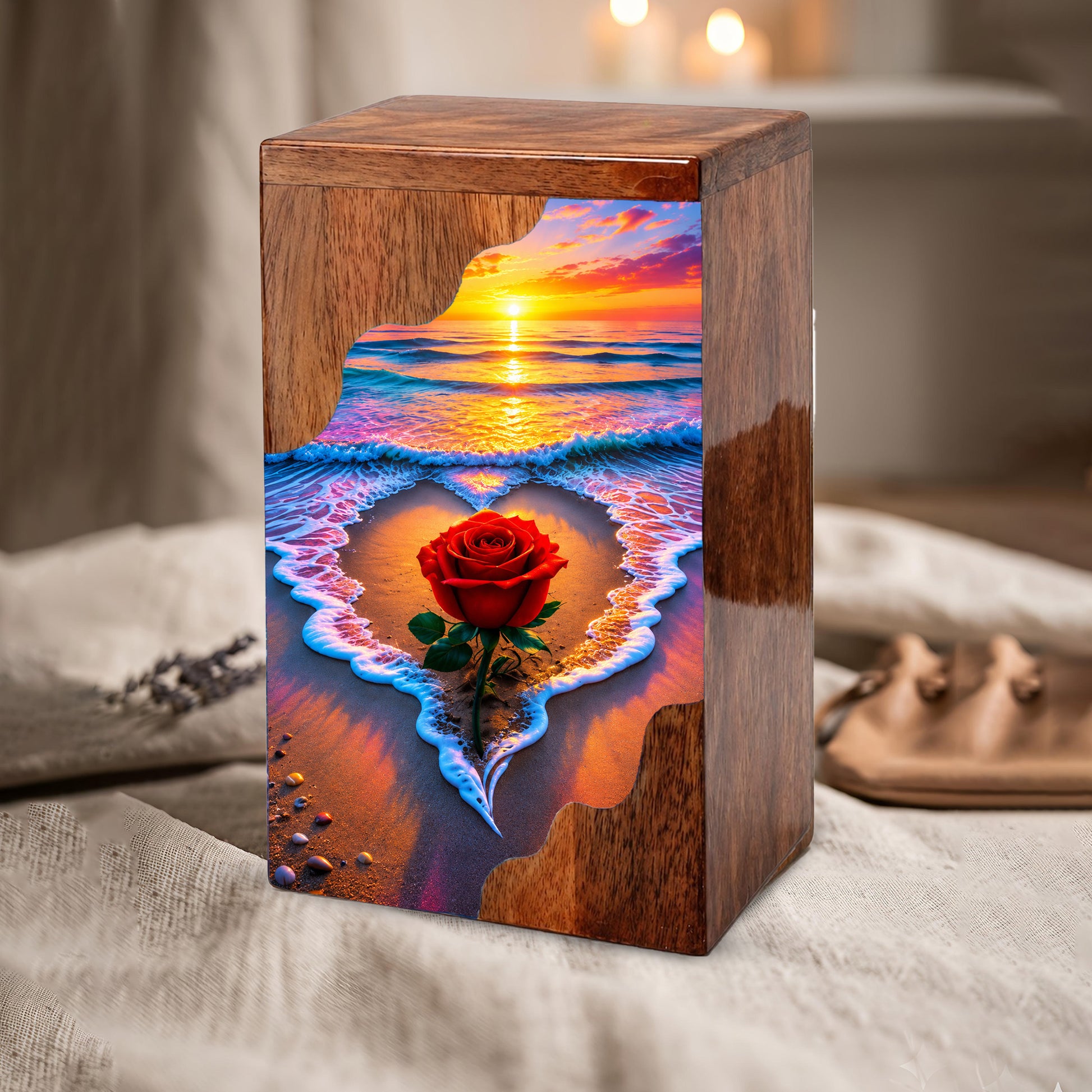 Rose Beach Wooden Cremation Urn – Sunset Ocean Memorial Urn for Human Ashes