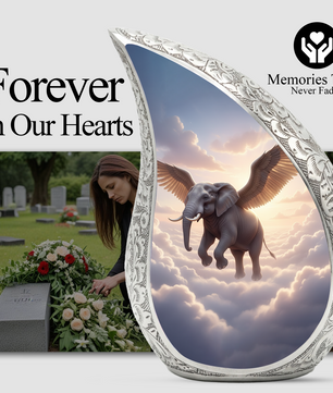 Heavenly Elephant Personalized Cremation Urn – Teardrop Memorial Urn for Ashes | 10 Inch Aluminum Adult Urn