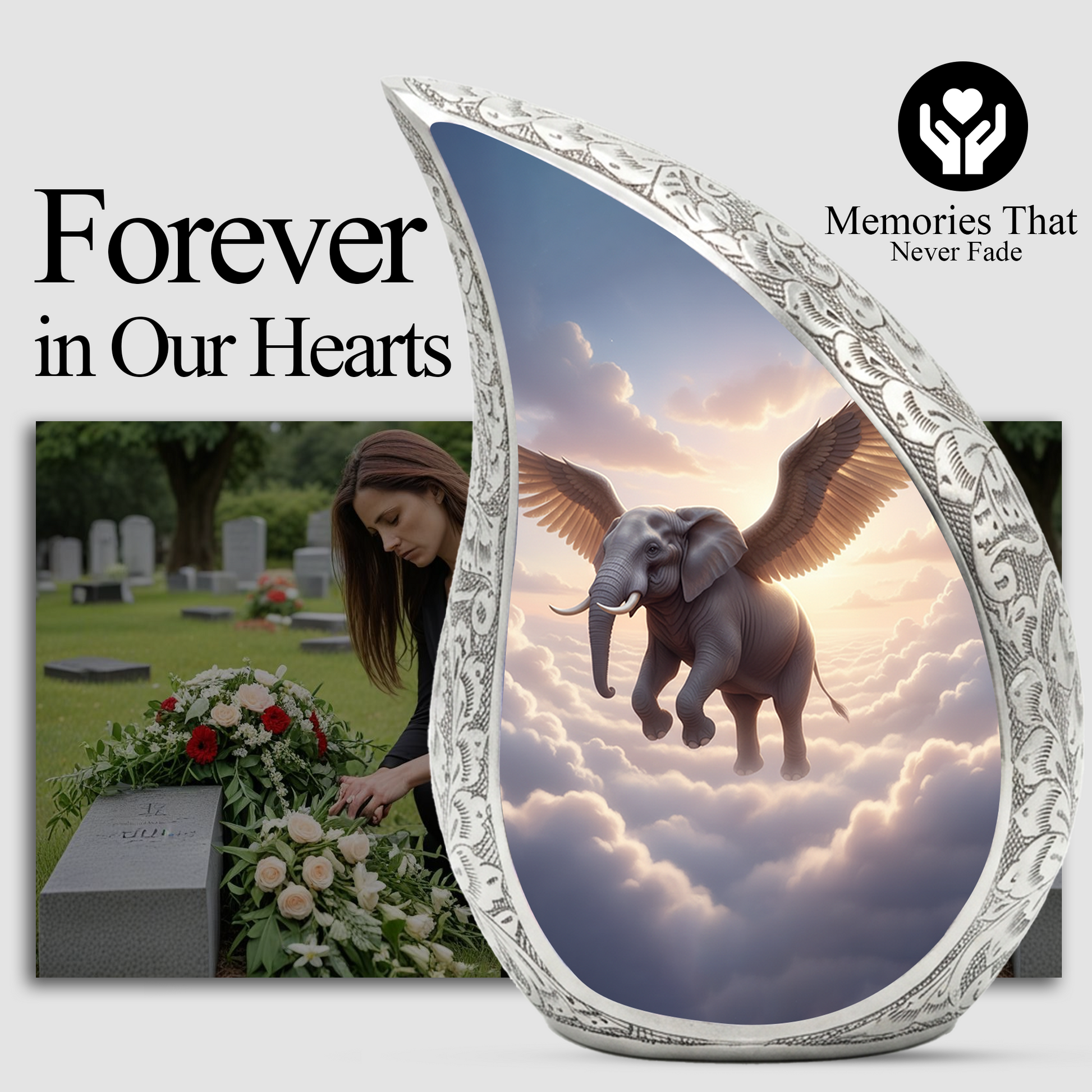 Heavenly Elephant Personalized Cremation Urn – Teardrop Memorial Urn for Ashes | 10 Inch Aluminum Adult Urn