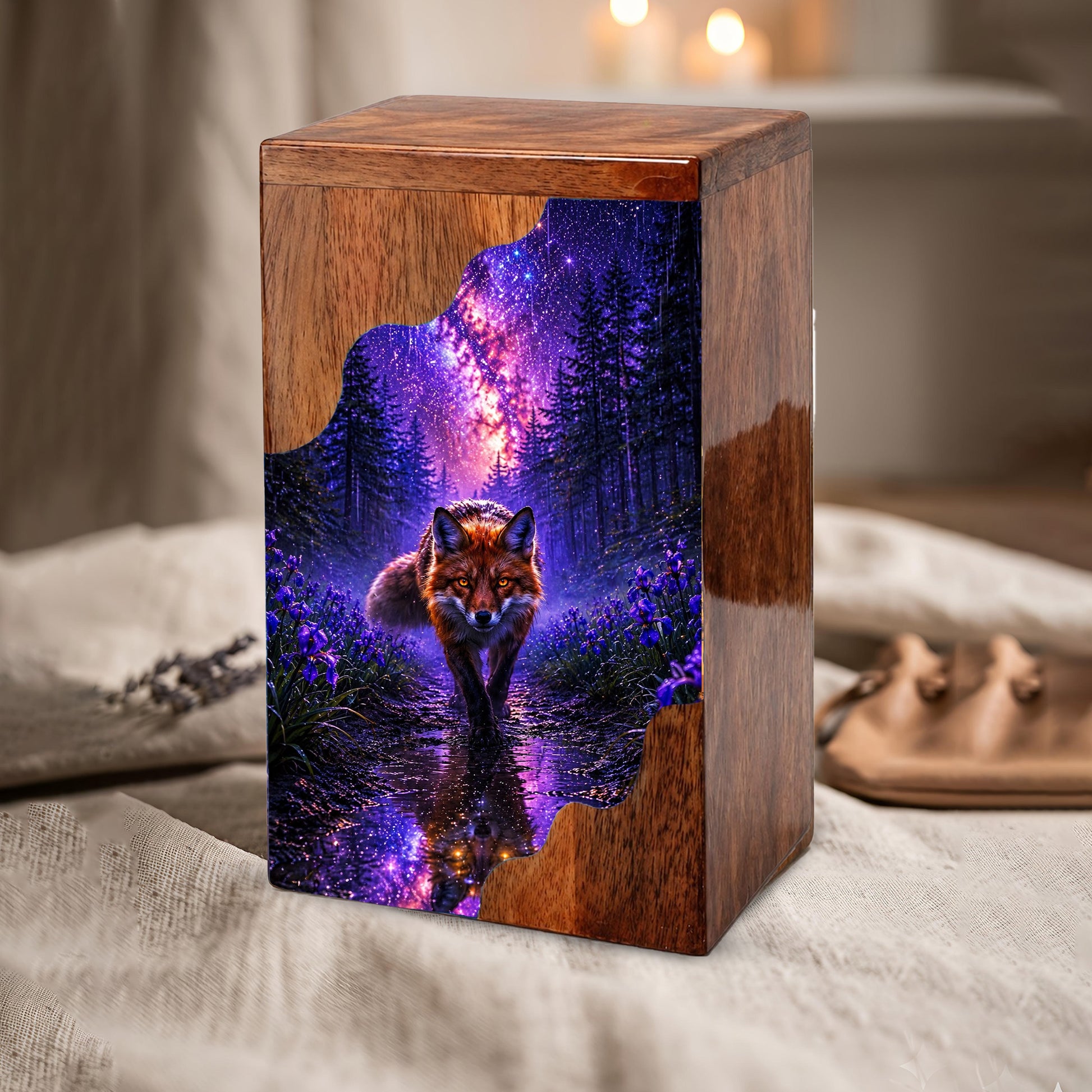 Wooden Cremation Urn for Human Ashes, Fox Memorial Urn