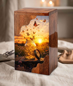 Butterfly Wooden Cremation Urn – Sunset Memorial Urn for Human Ashes
