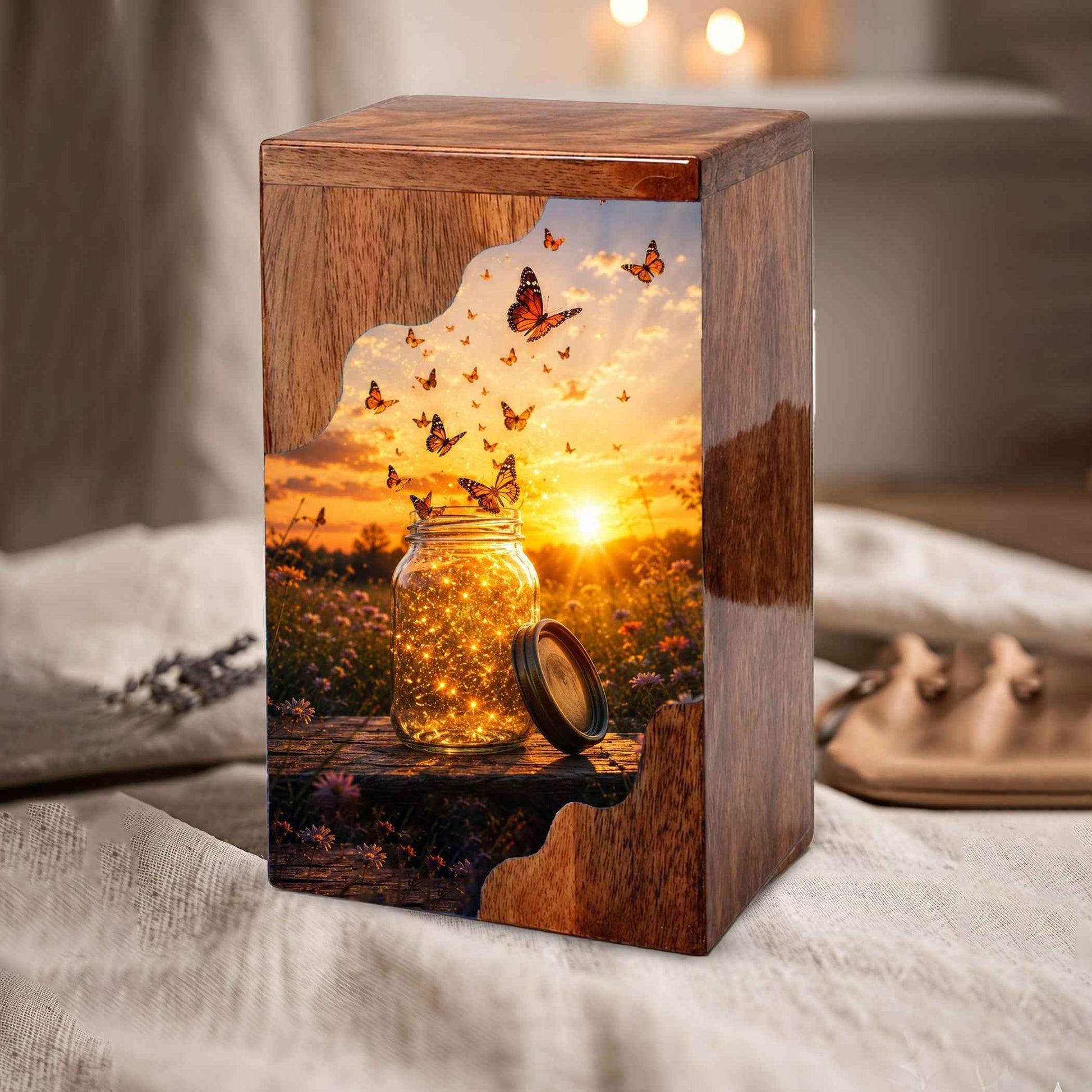 Butterfly Wooden Cremation Urn – Sunset Memorial Urn for Human Ashes