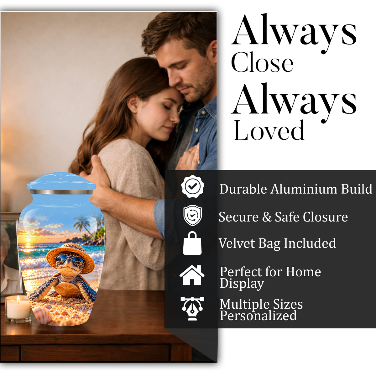Personalized Sea Turtle Beach Aluminum Urn, Tropical Sunset Memorial Urn for Human Ashes