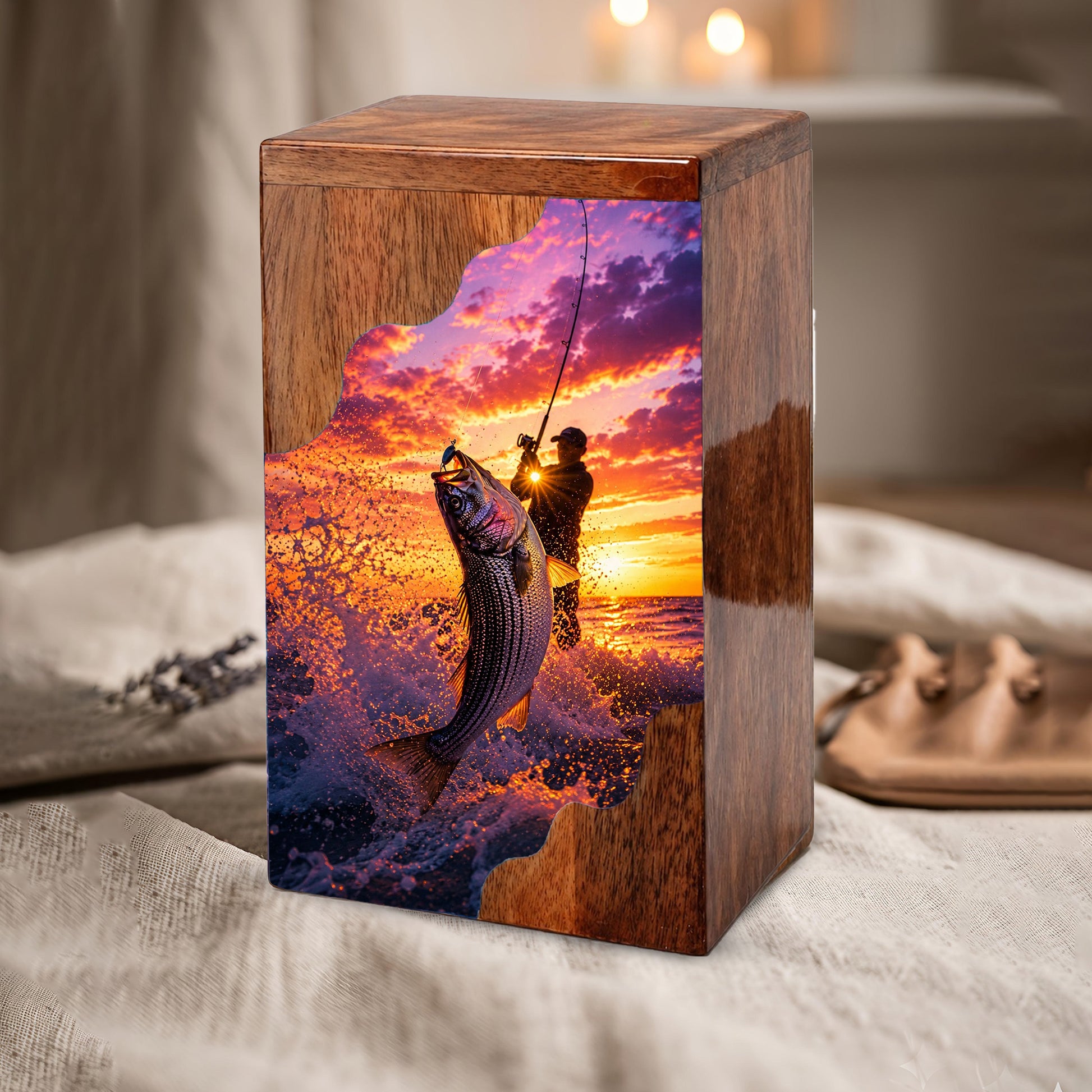 Fishing Wooden Cremation Urn – Gone Fishing Memorial Urn for Human Ashes