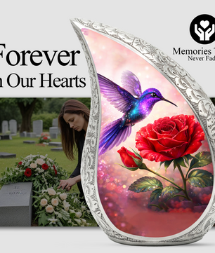 Hummingbird Rose Personalized Cremation Urn – Teardrop Style Aluminum Memorial Urn, 10 Inch