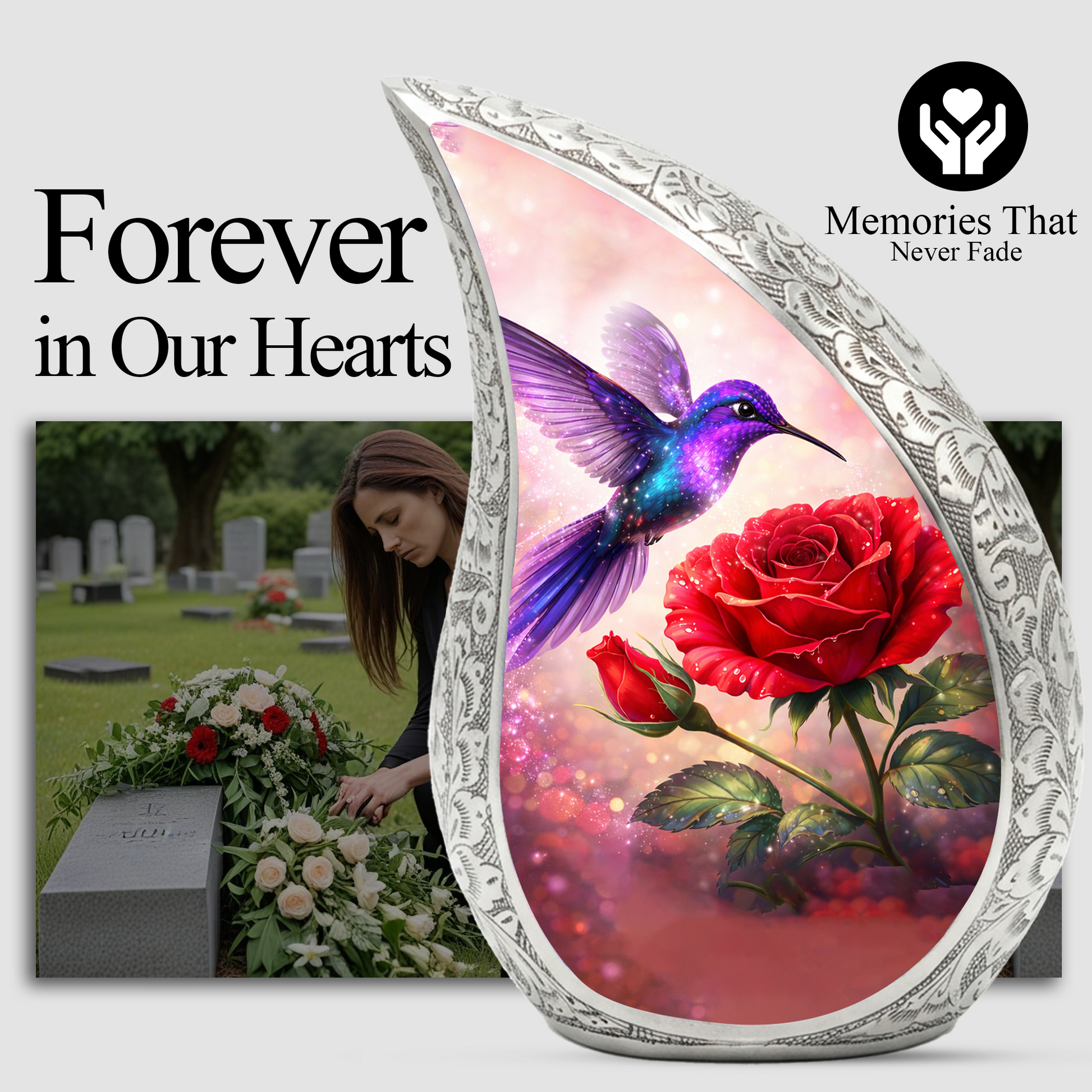 Hummingbird Rose Personalized Cremation Urn – Teardrop Style Aluminum Memorial Urn, 10 Inch