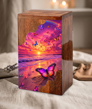 Butterfly Sunset Wooden Cremation Urn – Butterfly Memorial Urn for Human Ashes
