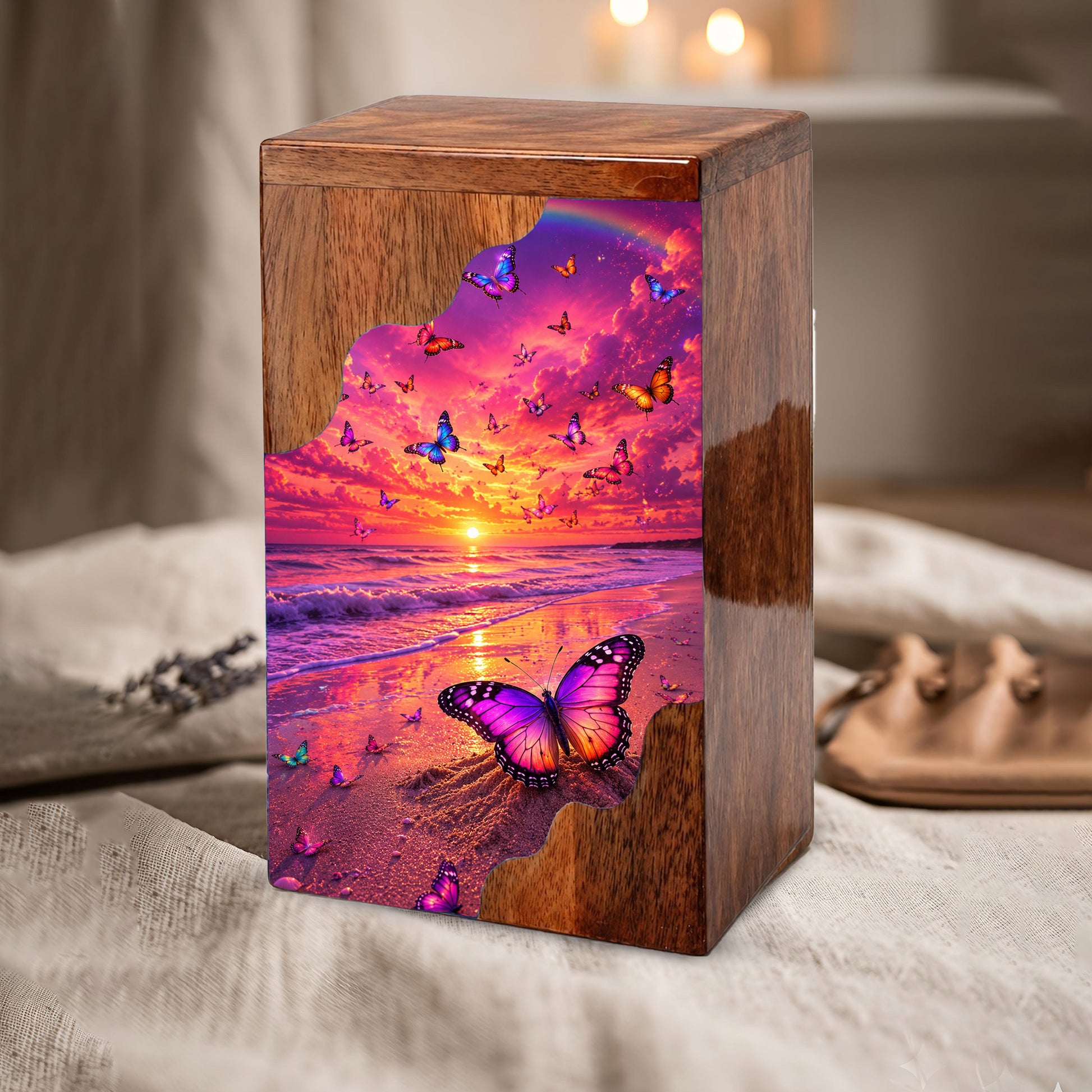 Butterfly Sunset Wooden Cremation Urn – Butterfly Memorial Urn for Human Ashes