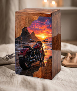 Motorcycle Beach Sunset Cremation Urn – Wooden Urn for Human Ashes