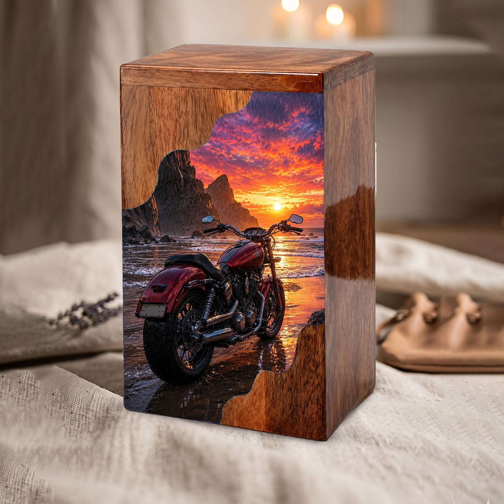 Motorcycle Beach Sunset Cremation Urn – Wooden Urn for Human Ashes