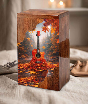 Guitar Wooden Cremation Urn – Autumn Guitar Memorial Urn | Custom Wooden Urn for Human Ashes