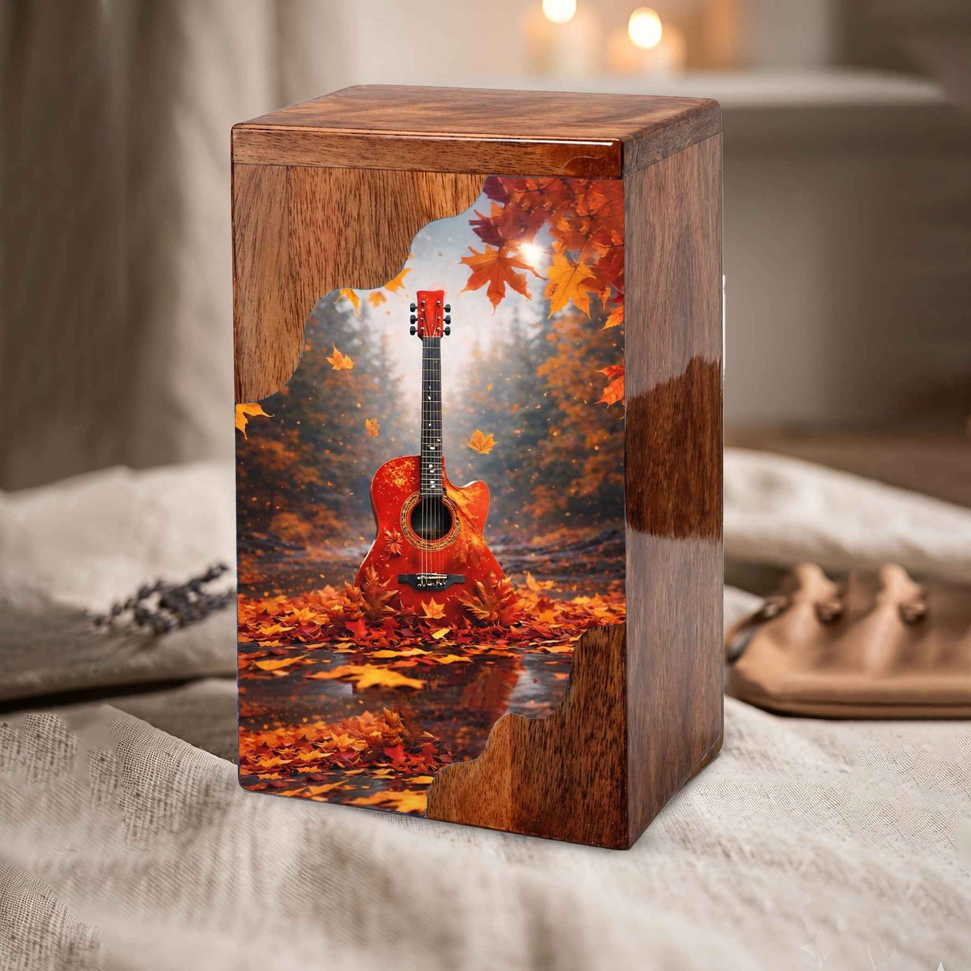 Guitar Wooden Cremation Urn – Autumn Guitar Memorial Urn | Custom Wooden Urn for Human Ashes