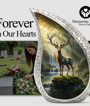 Personalized Deer Forest Memorial Urn – Teardrop Memorial Urn for Ashes | 10 Inch Aluminum Adult Urn