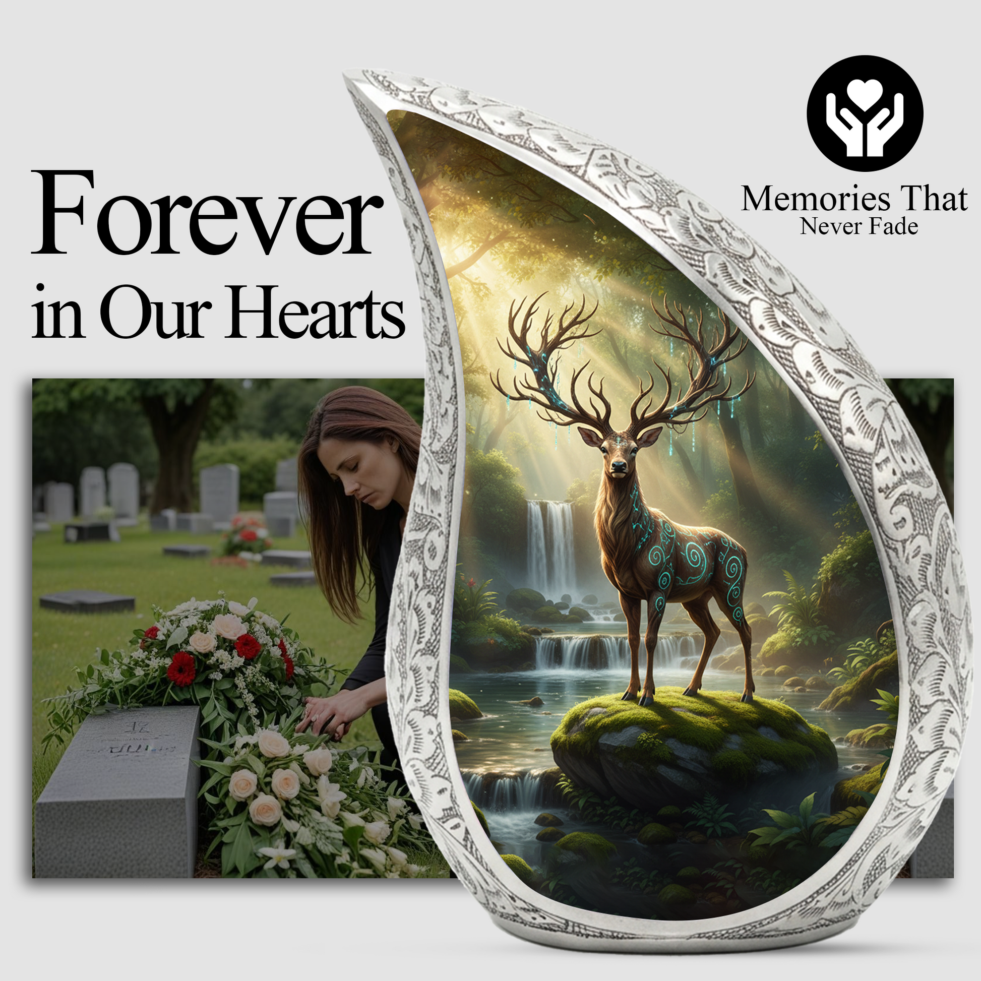 Personalized Deer Forest Memorial Urn – Teardrop Memorial Urn for Ashes | 10 Inch Aluminum Adult Urn