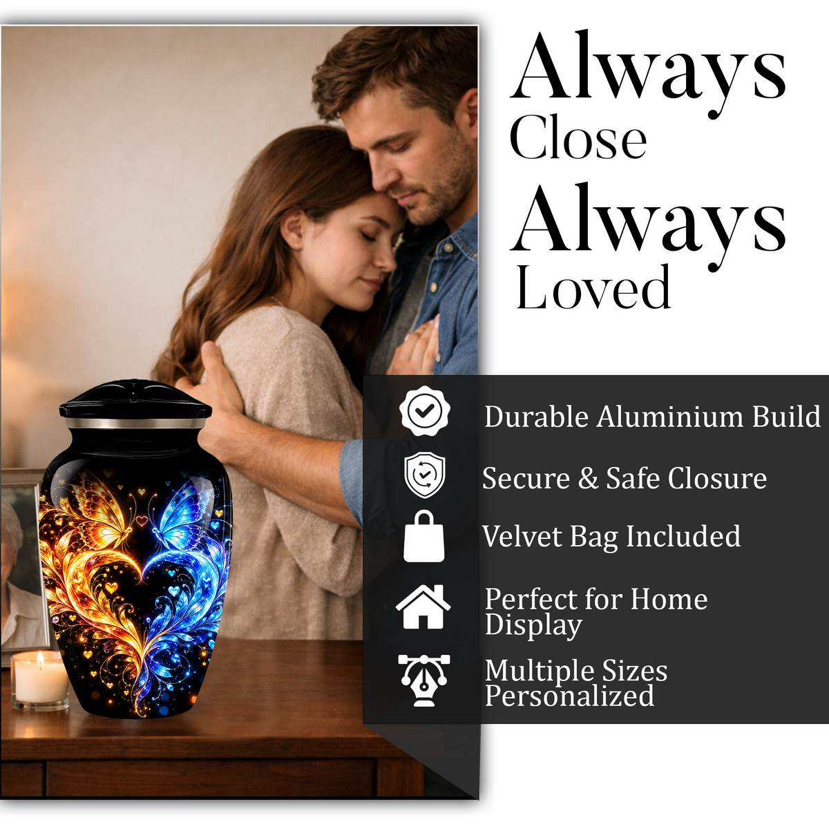 Butterfly Cremation Urn for Adult Ashes, Blue and Gold Butterflies Memorial Urn