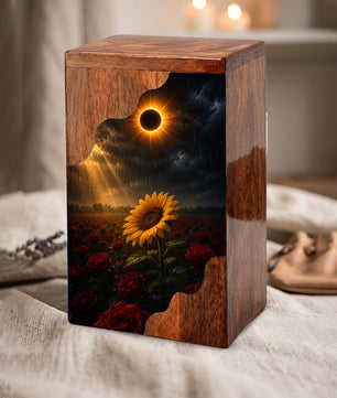 Sunflower Wooden Cremation Urn for Mom | Eclipse Memorial Urn for Human Ashes