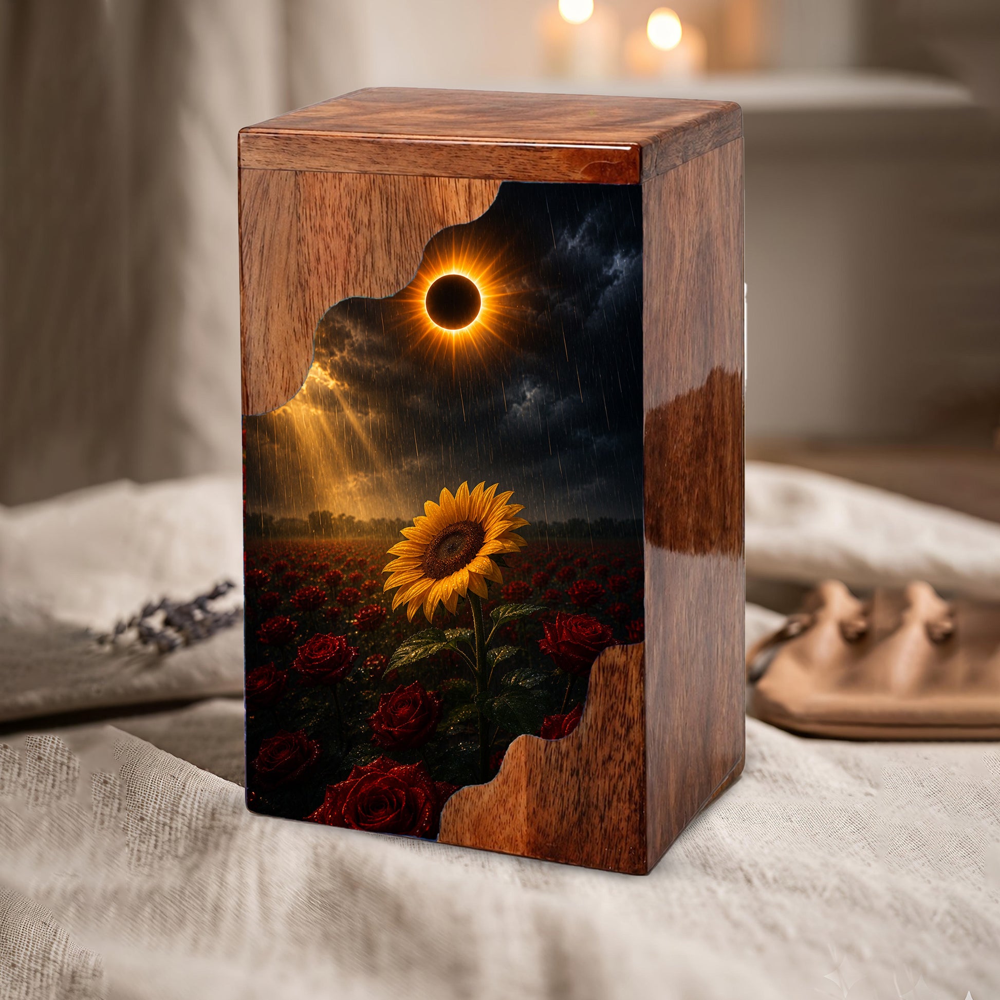 Sunflower Wooden Cremation Urn for Mom | Eclipse Memorial Urn for Human Ashes
