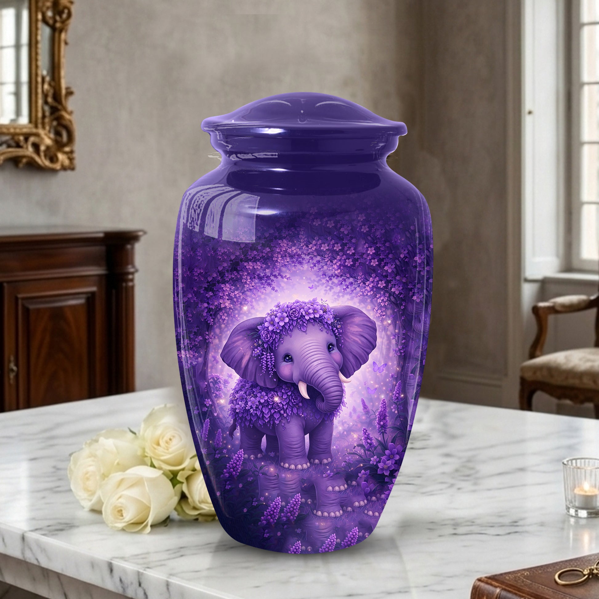 Purple Elephant Urn for Mom, Beautiful Memorial Large Urn for Mother