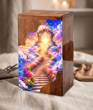 Heavenly Garden Gate Wooden Cremation Urn – Personalized Memorial Urn for Human Ashes