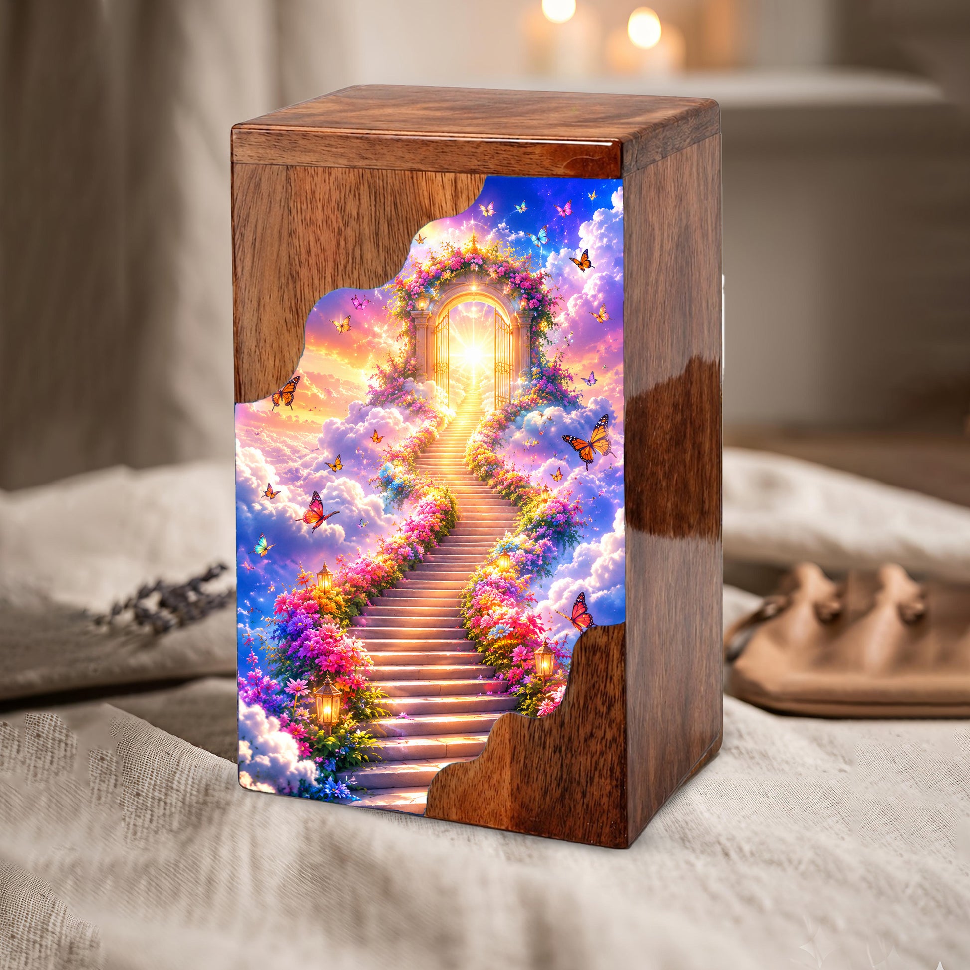 Heavenly Garden Gate Wooden Cremation Urn – Personalized Memorial Urn for Human Ashes