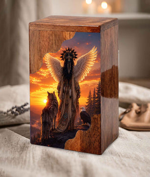 Spirit Guardian Wooden Cremation Urn – Angel Wings Memorial Urn for Human Ashes