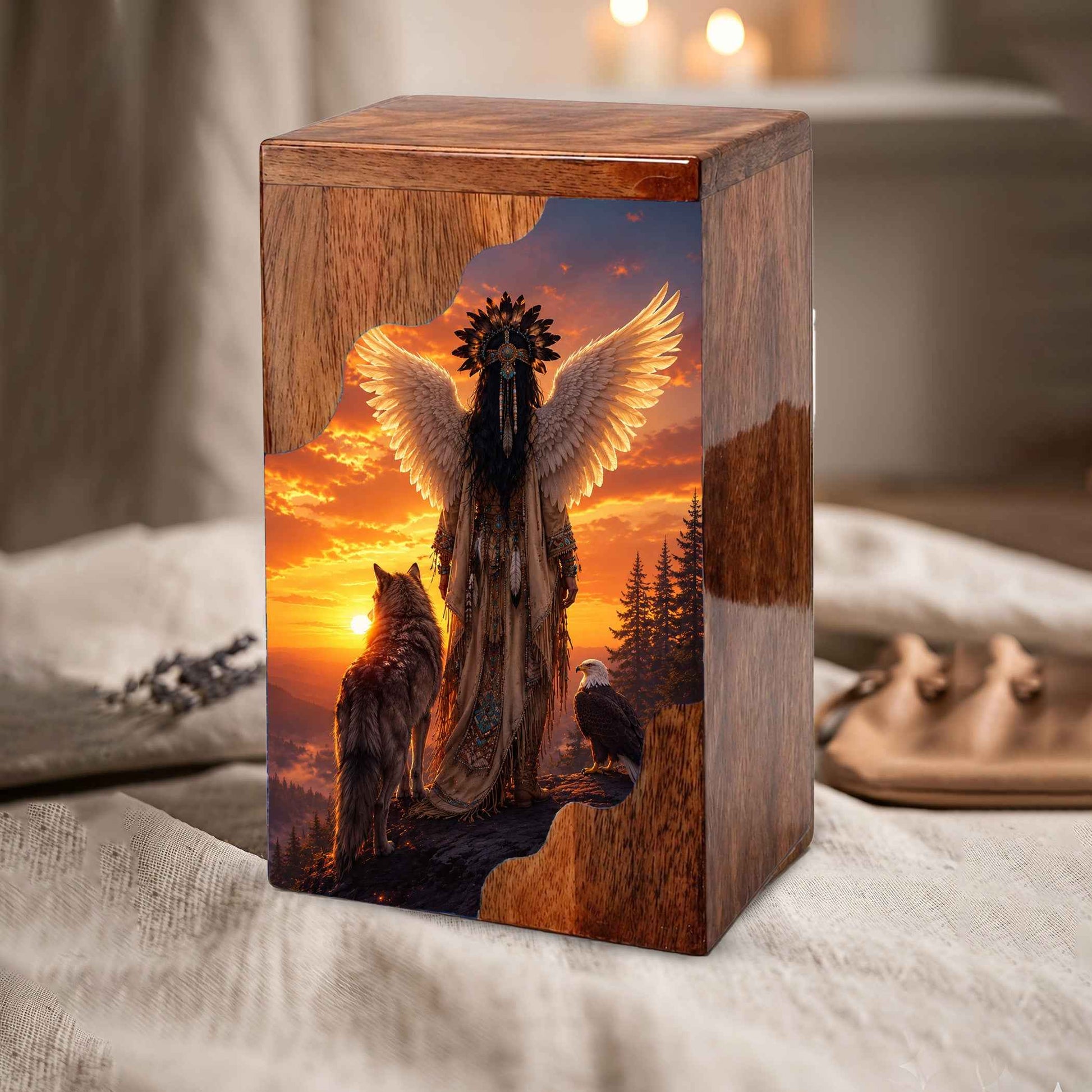 Spirit Guardian Wooden Cremation Urn – Angel Wings Memorial Urn for Human Ashes