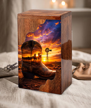 Cowboy Boot Wooden Cremation Urn – Wooden Urn for Human Ashes