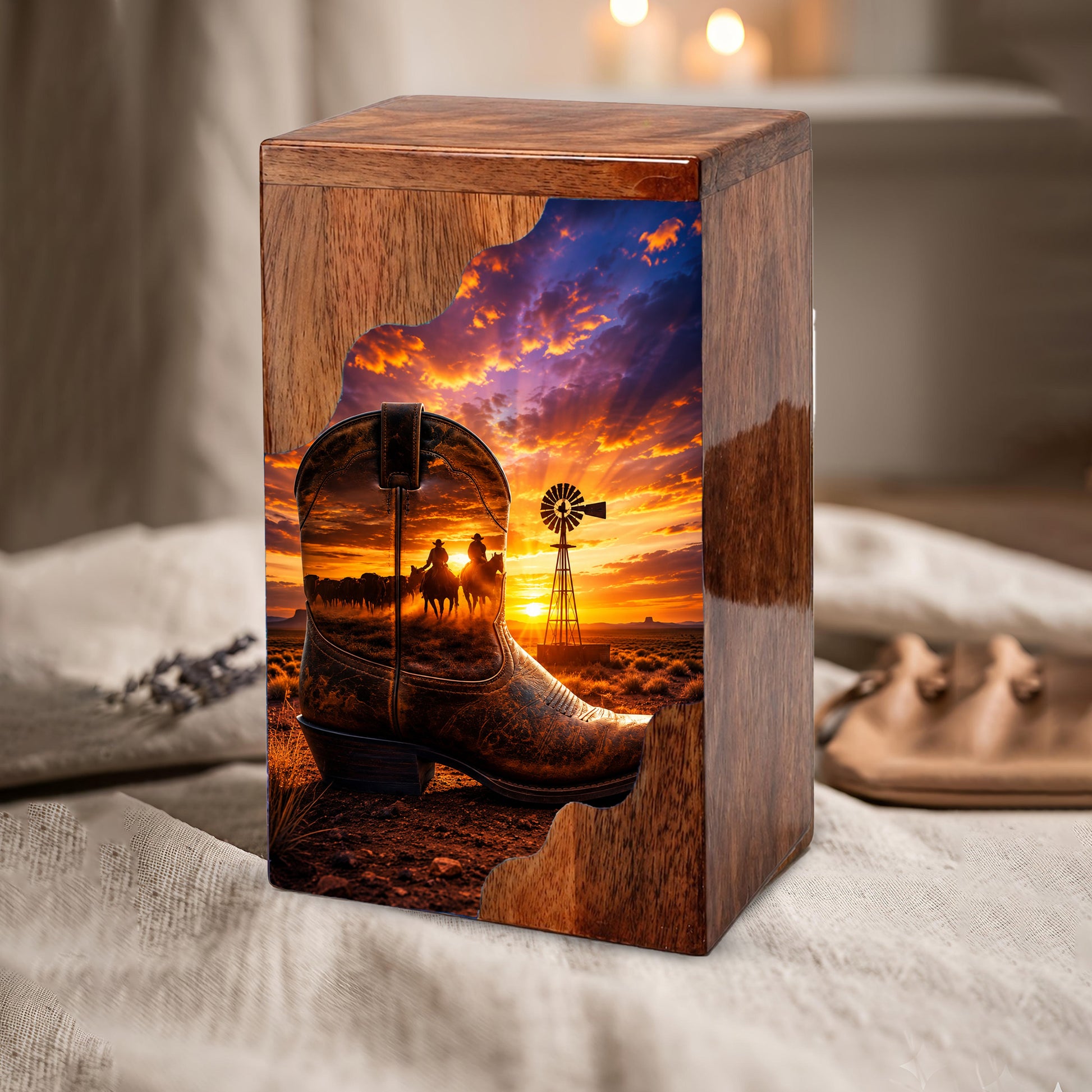 Cowboy Boot Wooden Cremation Urn – Wooden Urn for Human Ashes