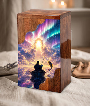 Northern Lights Fishing Wooden Cremation Urn – Personalized Memorial Urn for Human Ashes