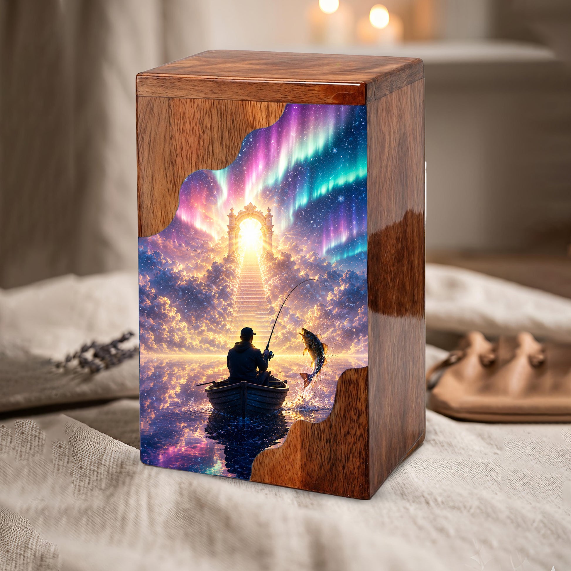 Northern Lights Fishing Wooden Cremation Urn – Personalized Memorial Urn for Human Ashes