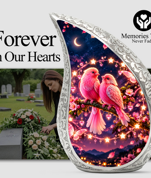 Pink Love Birds Urn for Human Ashes, Adult Cremation Urn with Two Birds and Flowers