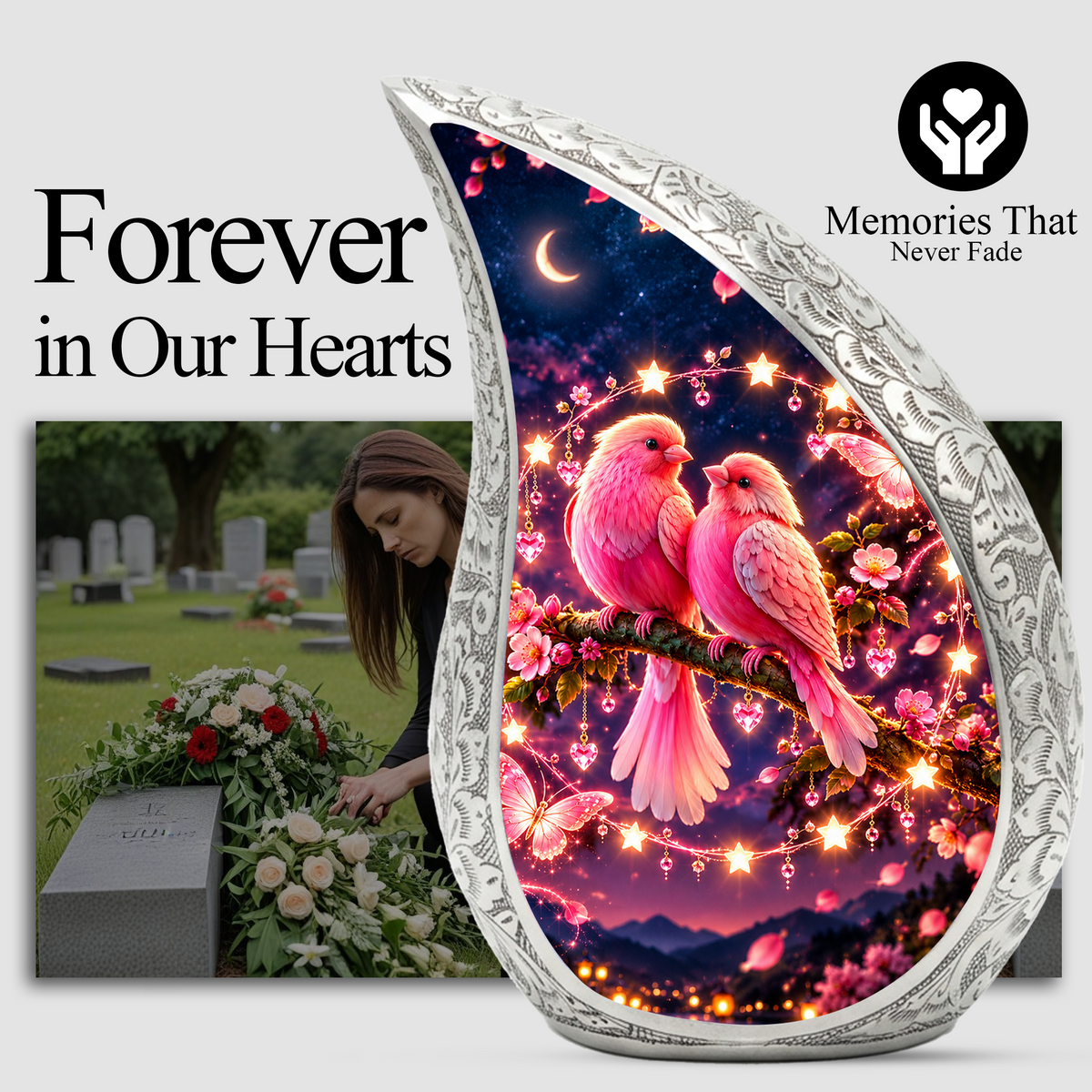 Pink Love Birds Urn for Human Ashes, Adult Cremation Urn with Two Birds and Flowers