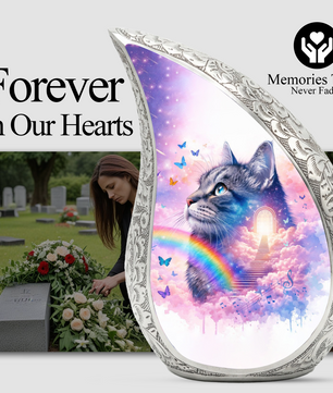 Personalized Cat Cremation Urn – Custom Cat Memorial Urn for Ashes, Rainbow Bridge Pet Urn, Teardrop Aluminum Cat Urn, 10 Inch