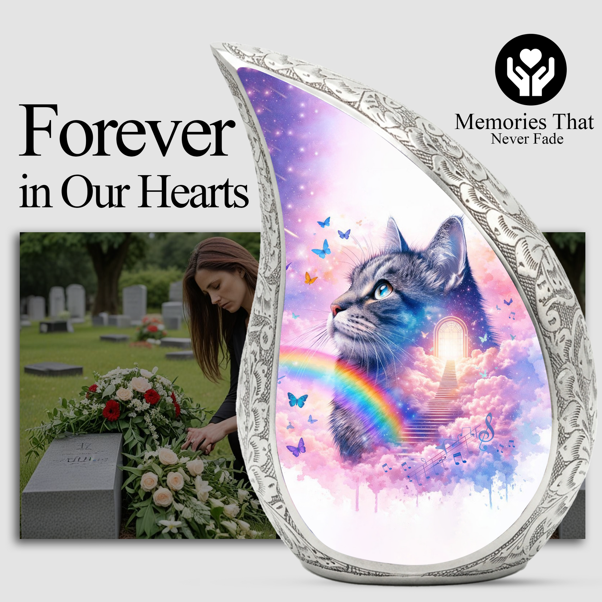 Personalized Cat Cremation Urn – Custom Cat Memorial Urn for Ashes, Rainbow Bridge Pet Urn, Teardrop Aluminum Cat Urn, 10 Inch