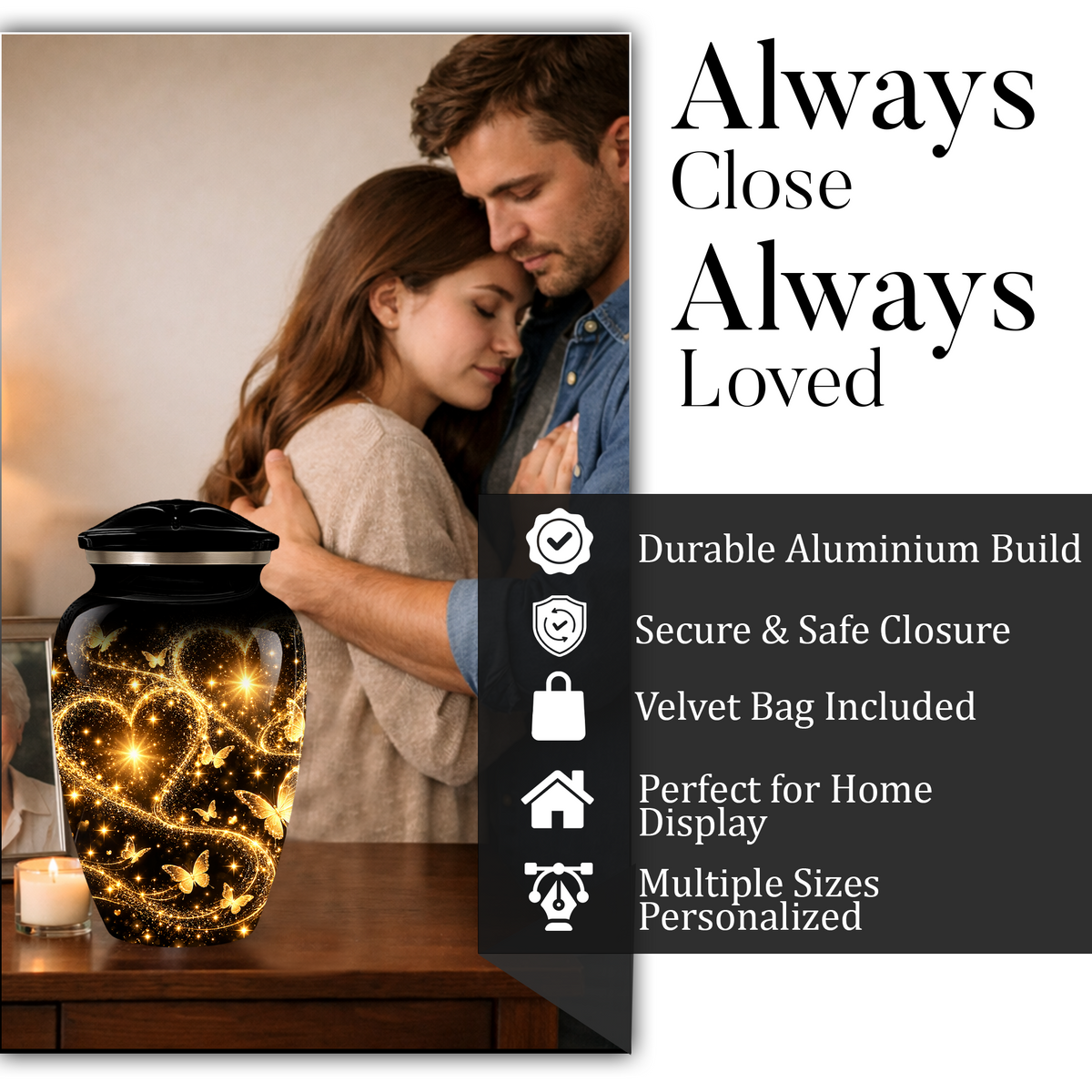 Personalized Adult Cremation Urn for Ashes, Golden Butterfly Heart Memorial Urn, Custom Adult Urn