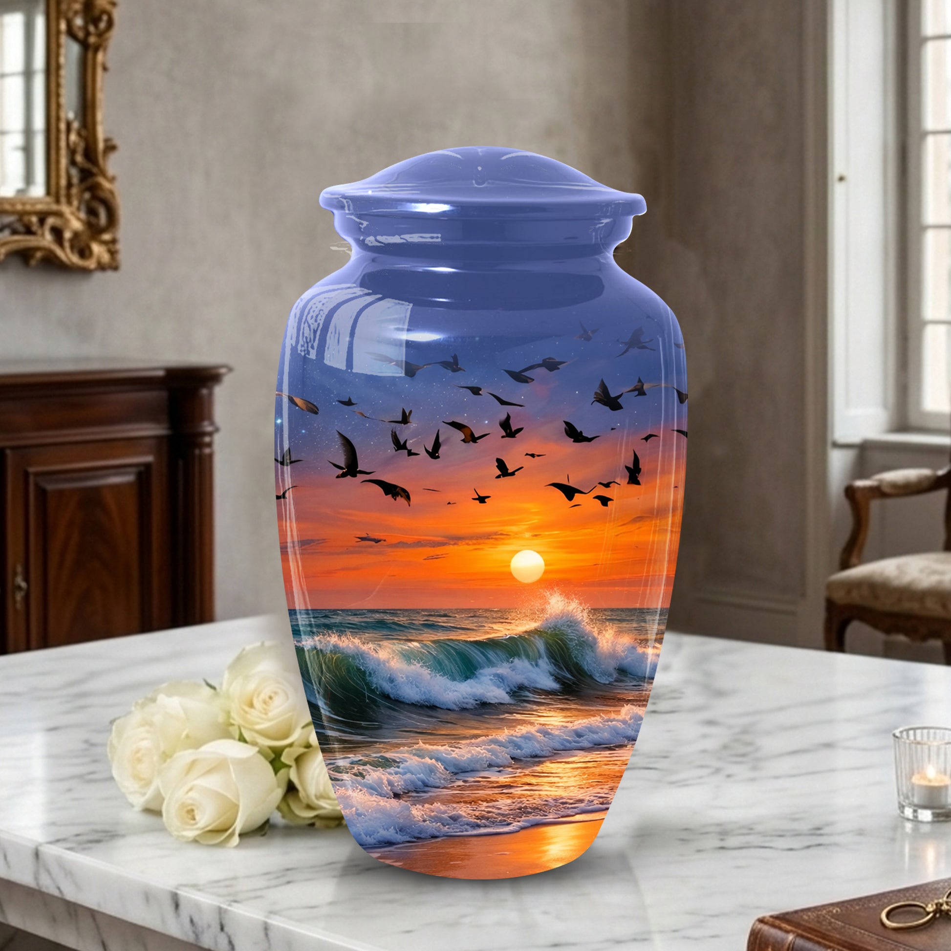 Ocean Sunset Urn for Mom | Beach Cremation Large Urn for Mother  | Coastal Funeral Urn for Human Ashes