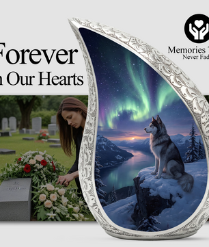 Personalized Husky Cremation Urn – Custom Dog Memorial Urn for Ashes, Northern Lights Pet Memorial, Teardrop Aluminum Adult Urn, 10 Inch