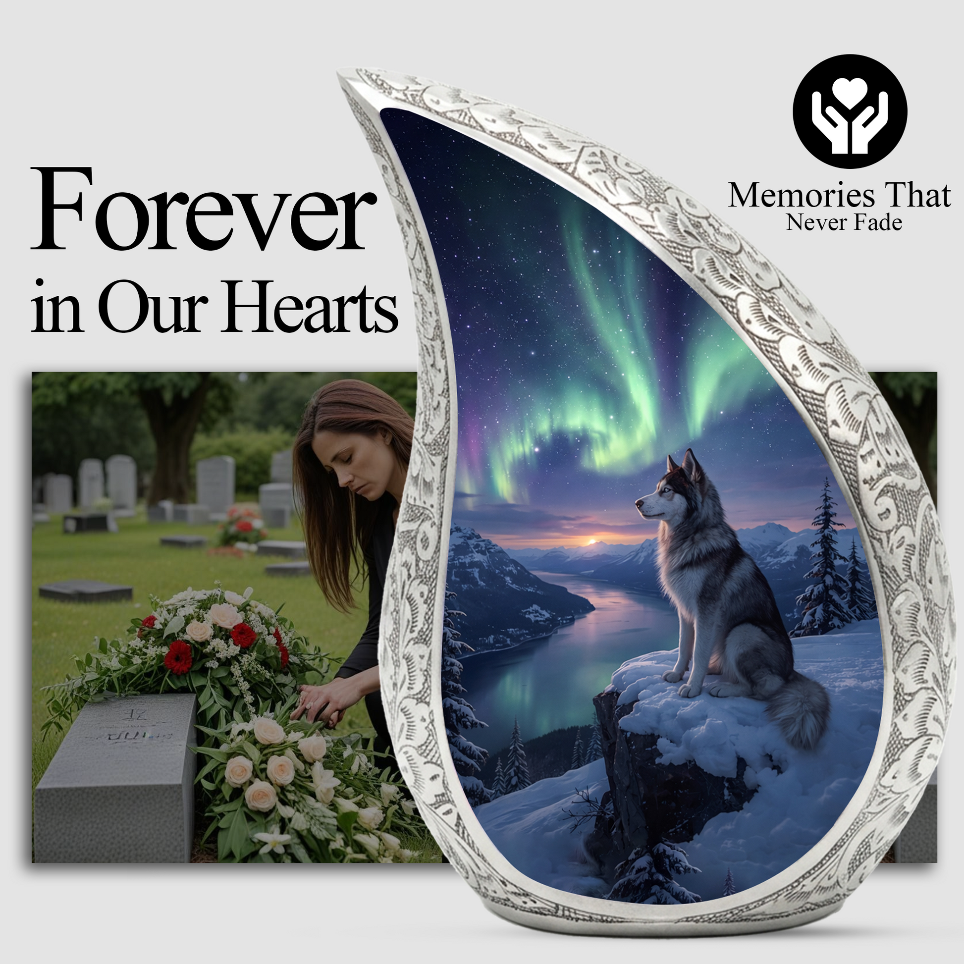 Personalized Husky Cremation Urn – Custom Dog Memorial Urn for Ashes, Northern Lights Pet Memorial, Teardrop Aluminum Adult Urn, 10 Inch