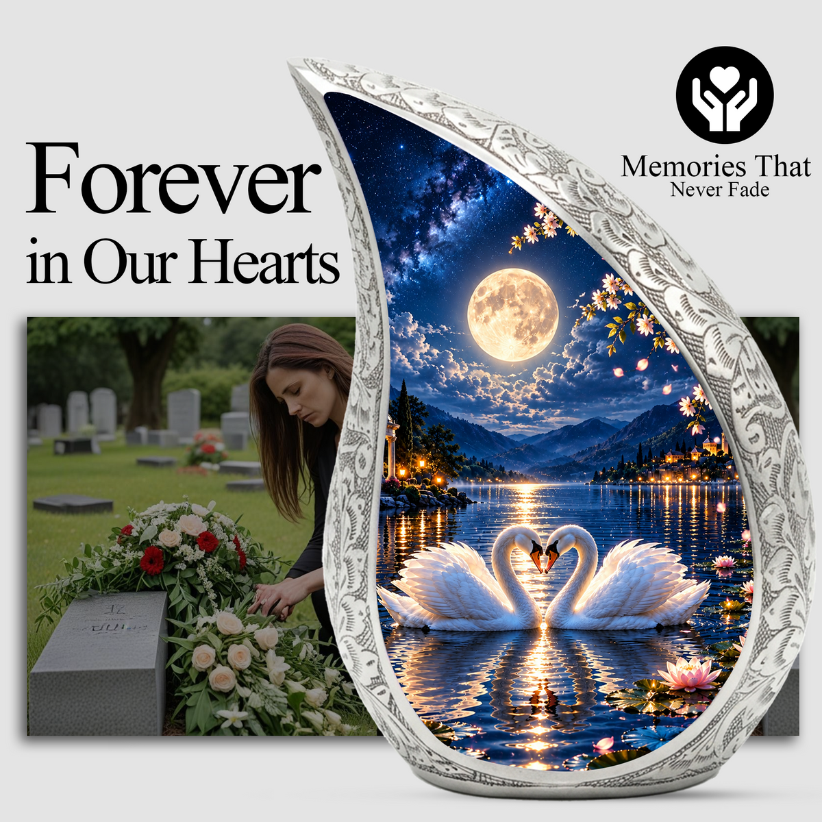 Swan Urn for Ashes, Romantic Swan Lake Cremation Urn for human Ashes